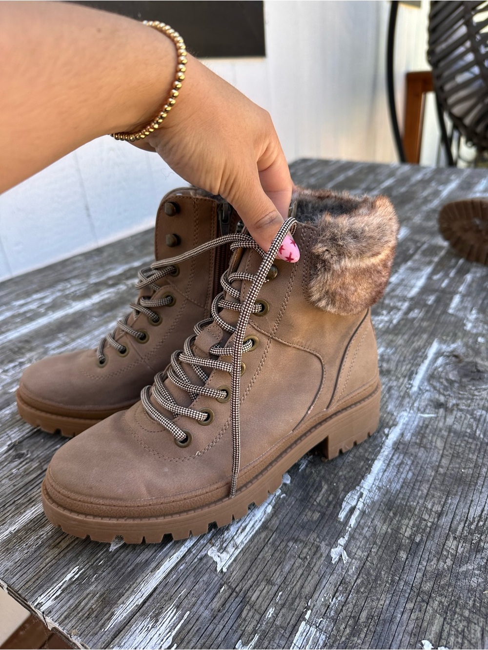 Universal Thread Taupe Lace-Up Faux Fur Collar Ankle Boots